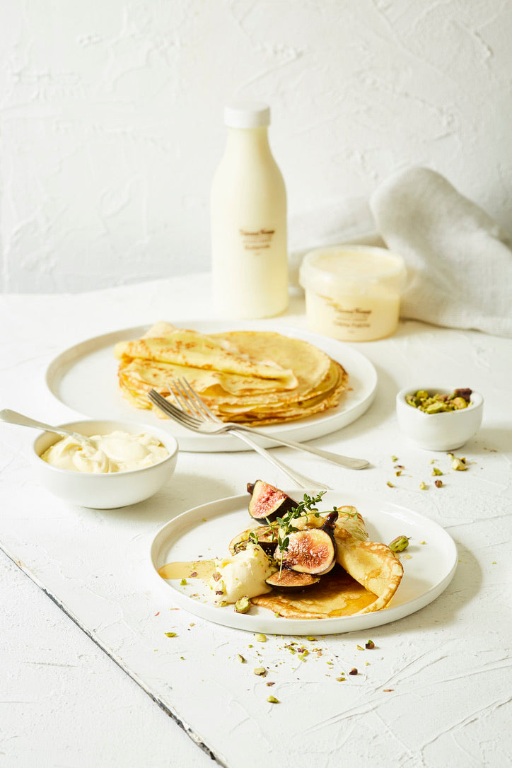 Caramalised Fig Pancakes with Pistachios, Honey and Dalewood Crème Fra – Kaas Club.™