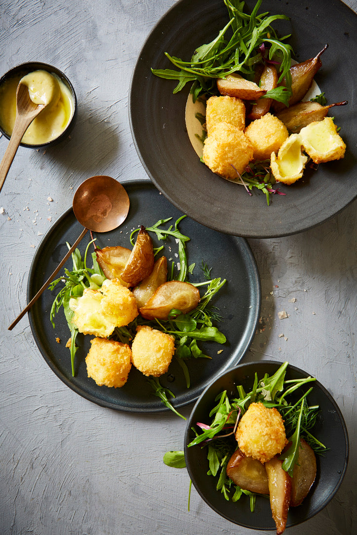 DeepFried Camembert and Roasted Pear Salad with Pear Vinaigrette